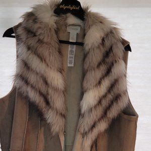 Chico's Tan Suede Vest with Faux Fur Collar